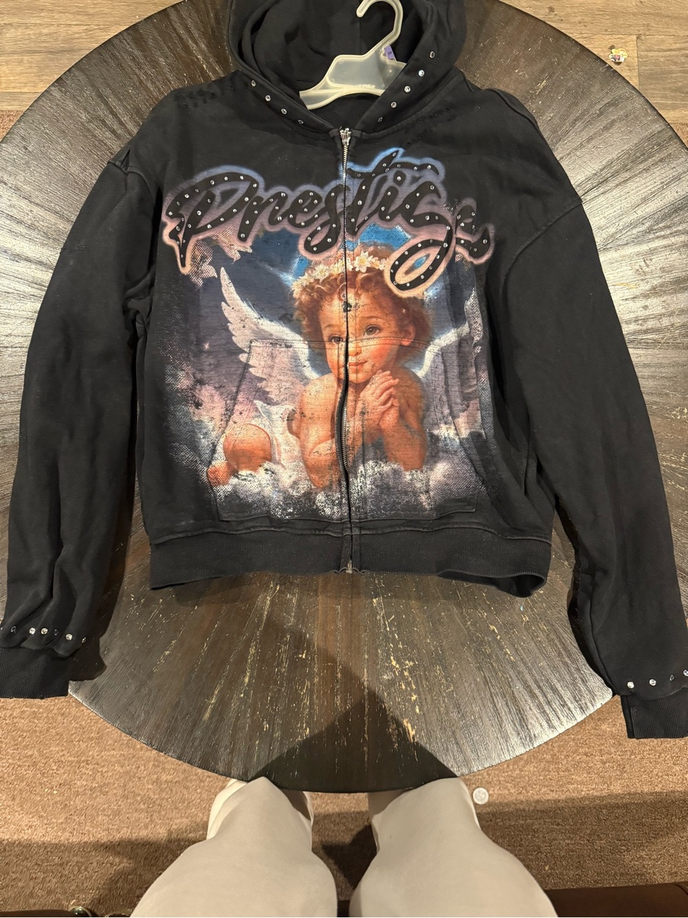 Black Angel Graphic Zip Hoodie with 'Prestige' Script